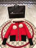 Moose Knuckles Red Cropped Hooded Bomber Jacket with Pom-Pom Details