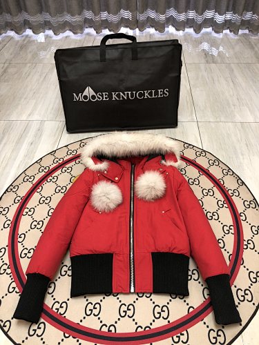 Moose Knuckles Red Cropped Hooded Bomber Jacket with Pom-Pom Details