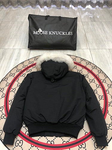 Moose Knuckles Black Hooded Bomber Jacket with Plush Trim
