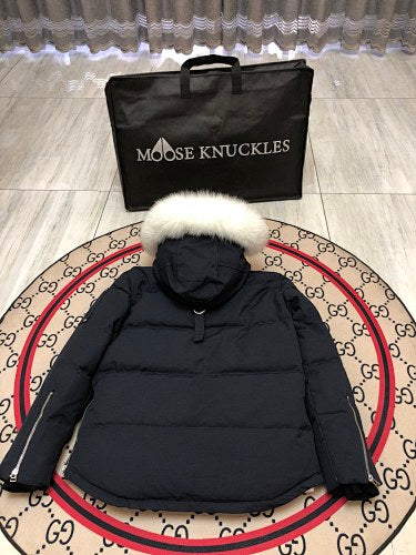 Moose Knuckles Navy Blue Hooded Puffer Jacket with White Plush Trim