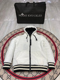 Moose Knuckles Ivory White Hooded Teddy Jacket with Black Striped Trim