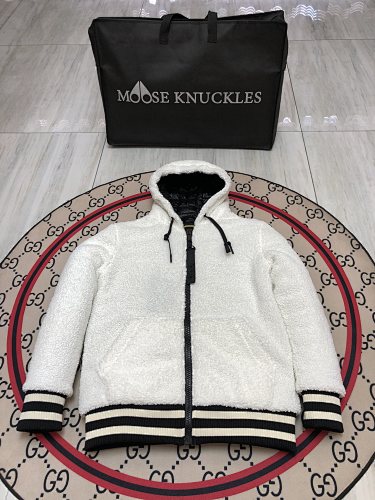 Moose Knuckles Ivory White Hooded Teddy Jacket with Black Striped Trim