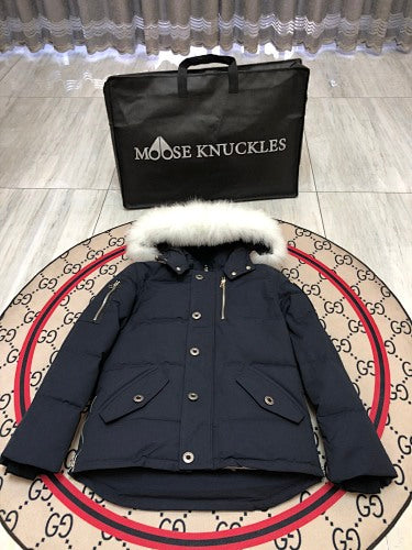 Moose Knuckles Navy Blue Hooded Puffer Jacket with White Plush Trim