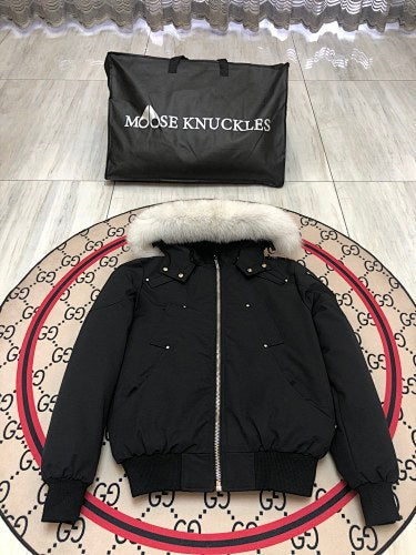 Moose Knuckles Black Hooded Bomber Jacket with Plush Trim