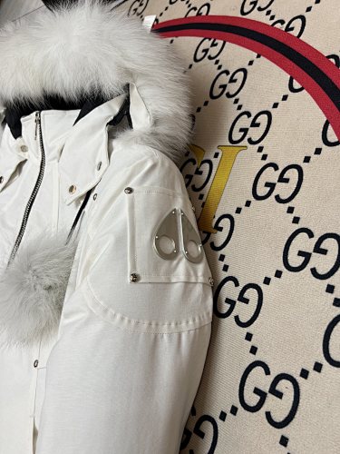 Moose Knuckles Ivory White Cropped Hooded Bomber Jacket with Pom-Pom Details