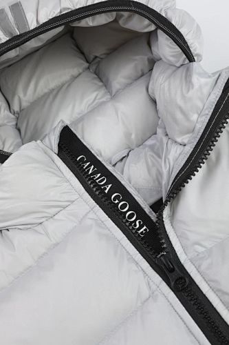 Canada Goose White Hooded Quilted Puffer Jacket with Gray Stripe Details