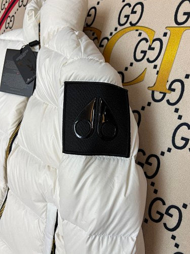 Moose Knuckles White Glossy Stand-Collar Puffer Jacket with Black Sleeve Patch