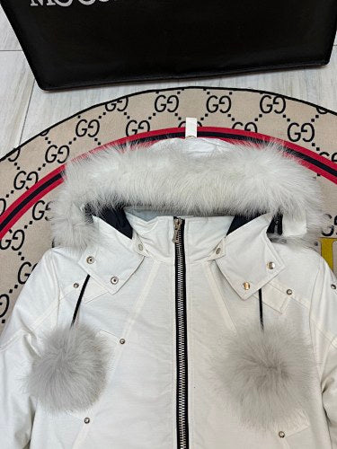 Moose Knuckles Ivory White Cropped Hooded Bomber Jacket with Pom-Pom Details