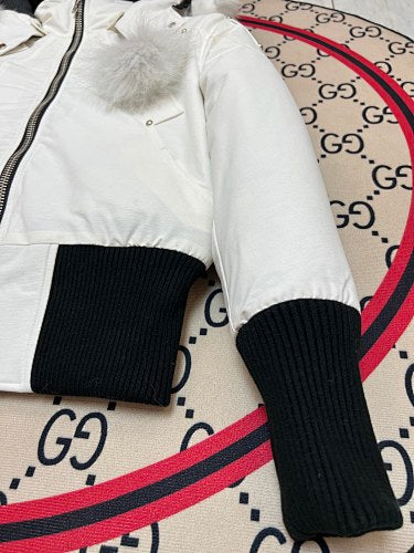Moose Knuckles Ivory White Cropped Hooded Bomber Jacket with Pom-Pom Details