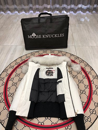 Moose Knuckles Ivory White Cropped Hooded Bomber Jacket with Pom-Pom Details