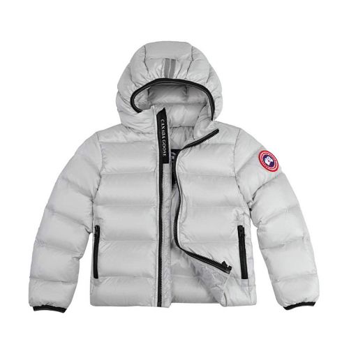 Canada Goose White Hooded Quilted Puffer Jacket with Gray Stripe Details