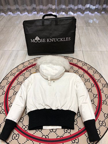 Moose Knuckles Ivory White Cropped Hooded Bomber Jacket with Pom-Pom Details