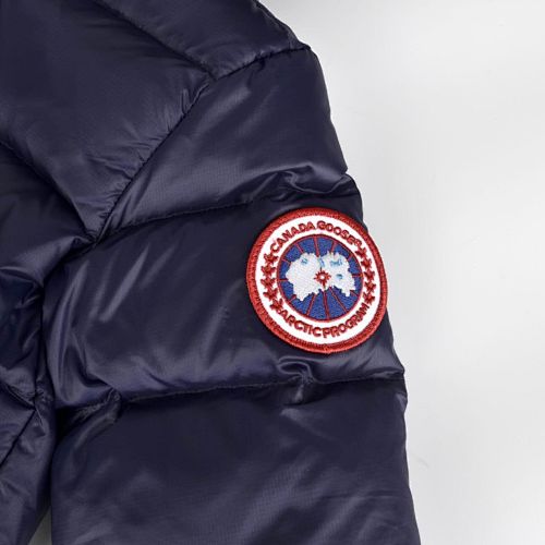 Canada Goose Navy Blue Hooded Quilted Puffer Jacket with Gray Stripe Details