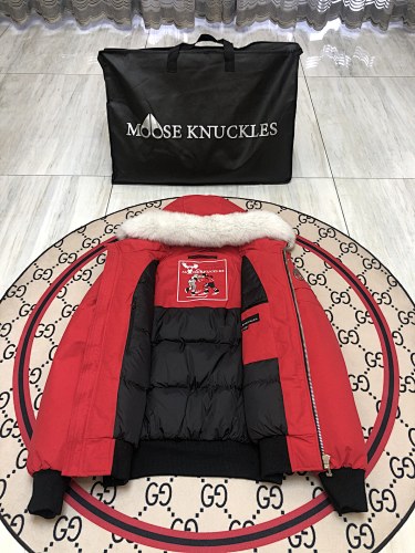 Moose Knuckles Red Hooded Bomber Jacket with White Plush Trim
