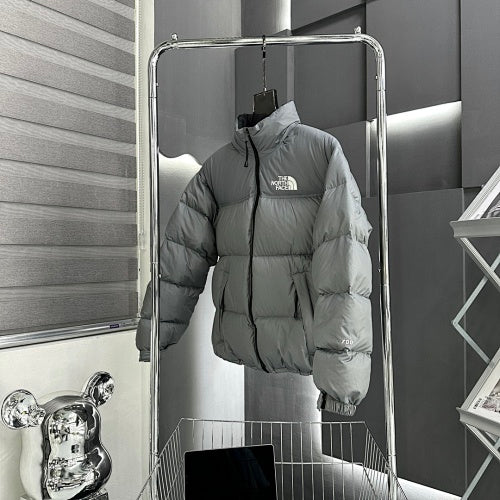 The North Face Gray Stand-Collar Puffer Jacket with White Logos