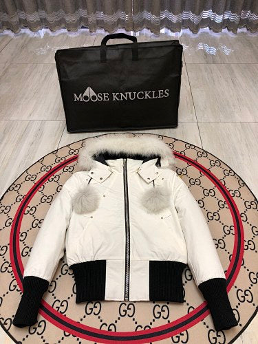 Moose Knuckles Ivory White Cropped Hooded Bomber Jacket with Pom-Pom Details