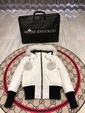 Moose Knuckles Ivory White Cropped Hooded Bomber Jacket with Pom-Pom Details