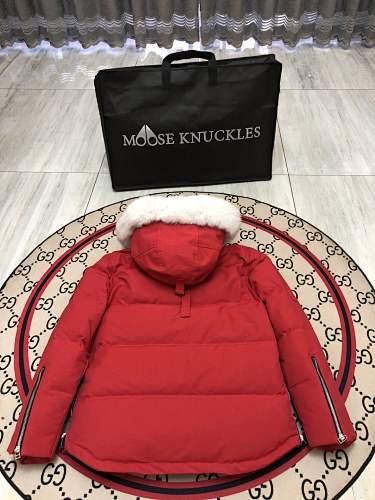 Moose Knuckles Red Hooded Puffer Jacket with White Plush Trim