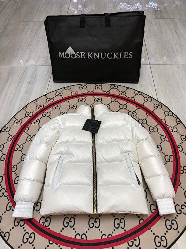 Moose Knuckles White Glossy Stand-Collar Puffer Jacket with Black Sleeve Patch