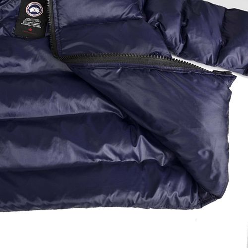 Canada Goose Navy Blue Hooded Quilted Puffer Jacket with Gray Stripe Details