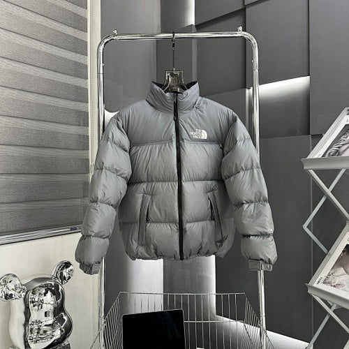 The North Face Gray Stand-Collar Puffer Jacket with White Logos