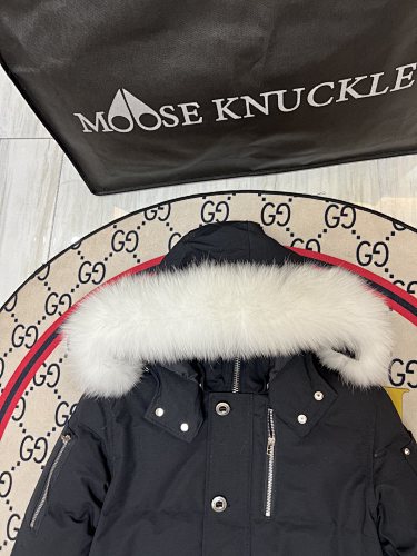 Moose Knuckles Black Hooded Puffer Jacket with White Plush Trim