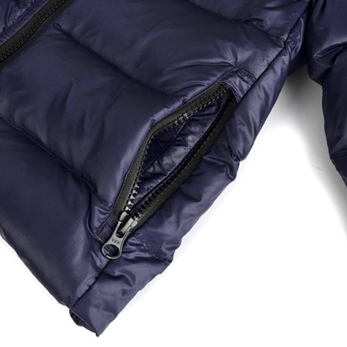 Canada Goose Navy Blue Hooded Quilted Puffer Jacket with Gray Stripe Details