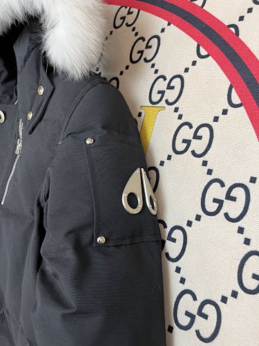 Moose Knuckles Black Hooded Puffer Jacket with White Plush Trim