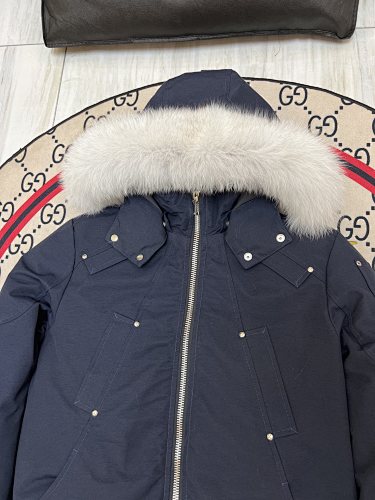 Moose Knuckles Navy Blue Hooded Bomber Jacket with White Plush Trim