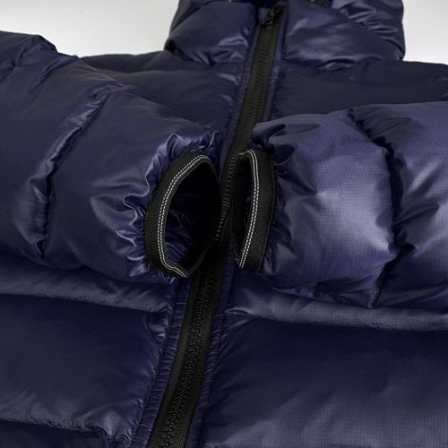 Canada Goose Navy Blue Hooded Quilted Puffer Jacket with Gray Stripe Details
