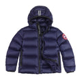 Canada Goose Navy Blue Hooded Quilted Puffer Jacket with Gray Stripe Details