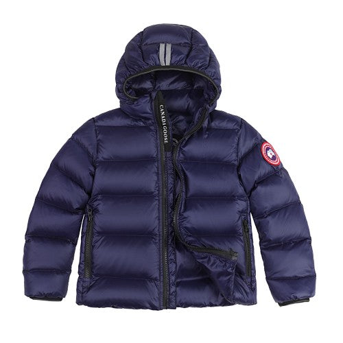 Canada Goose Navy Blue Hooded Quilted Puffer Jacket with Gray Stripe Details