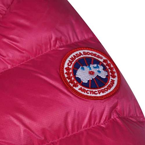 Canada Goose Fuchsia Pink Hooded Quilted Puffer Jacket with Gray Stripe Details