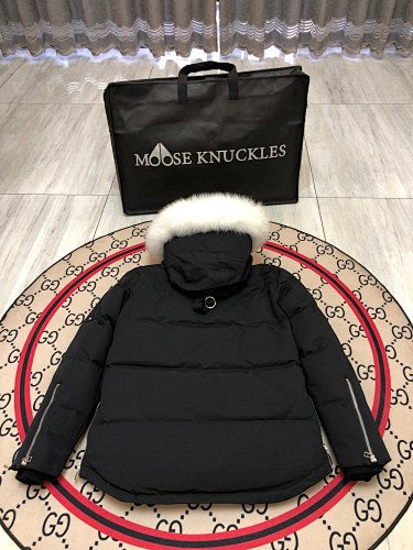 Moose Knuckles Black Hooded Puffer Jacket with White Plush Trim