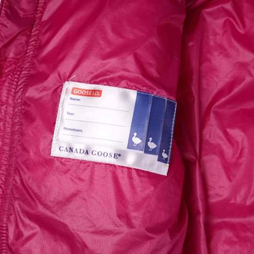 Canada Goose Fuchsia Pink Hooded Quilted Puffer Jacket with Gray Stripe Details