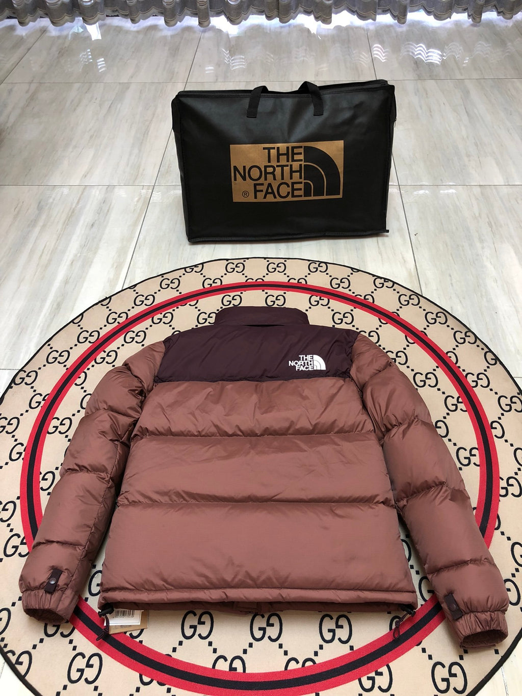 The North Face Dusty Rose and Burgundy Colorblock Stand-Collar Puffer Jacket