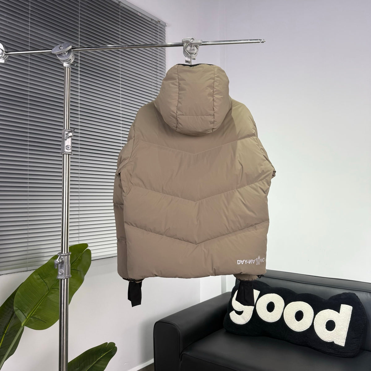 Moncler Taupe Beige Hooded Puffer Jacket with Chevron Quilting