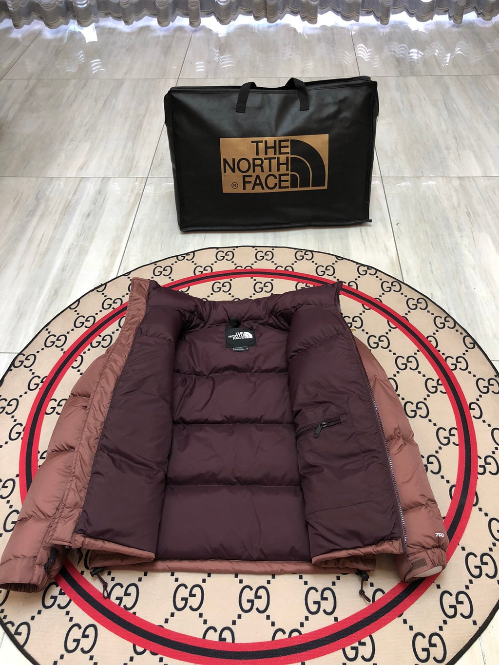 The North Face Dusty Rose and Burgundy Colorblock Stand-Collar Puffer Jacket