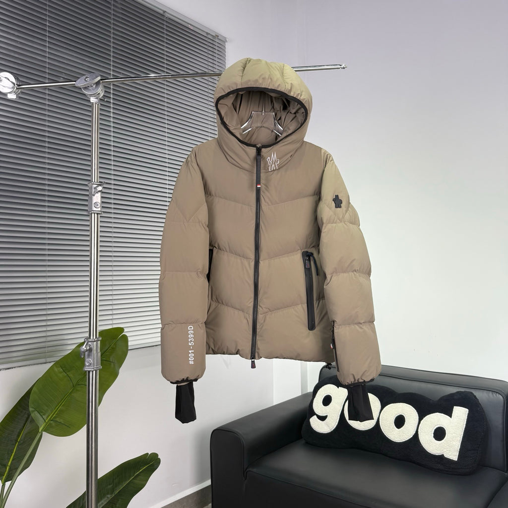 Moncler Taupe Beige Hooded Puffer Jacket with Chevron Quilting