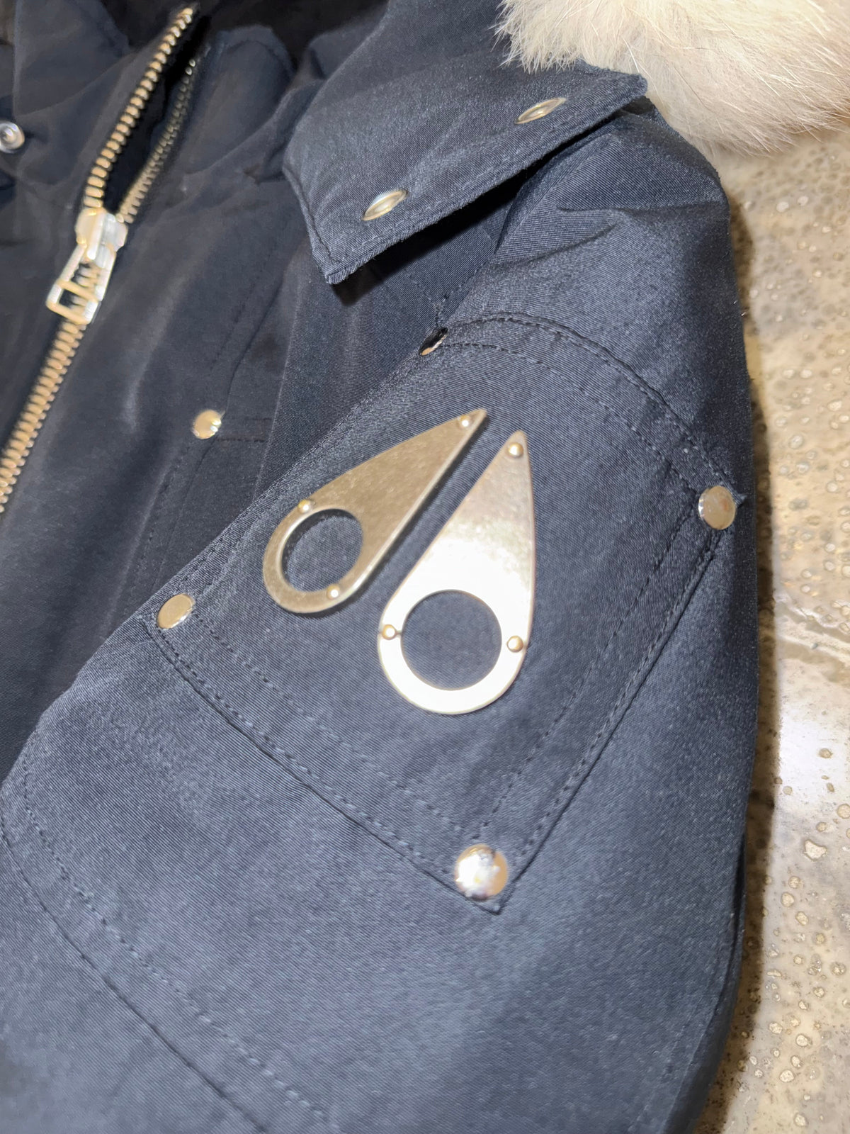Moose Knuckles Navy Blue Hooded Bomber Jacket with White Plush Trim