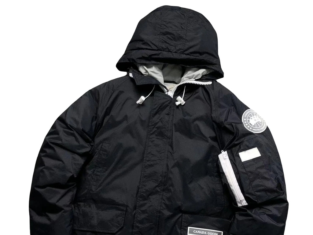 Canada Goose Black Hooded Bomber Jacket with White Contrast Trim