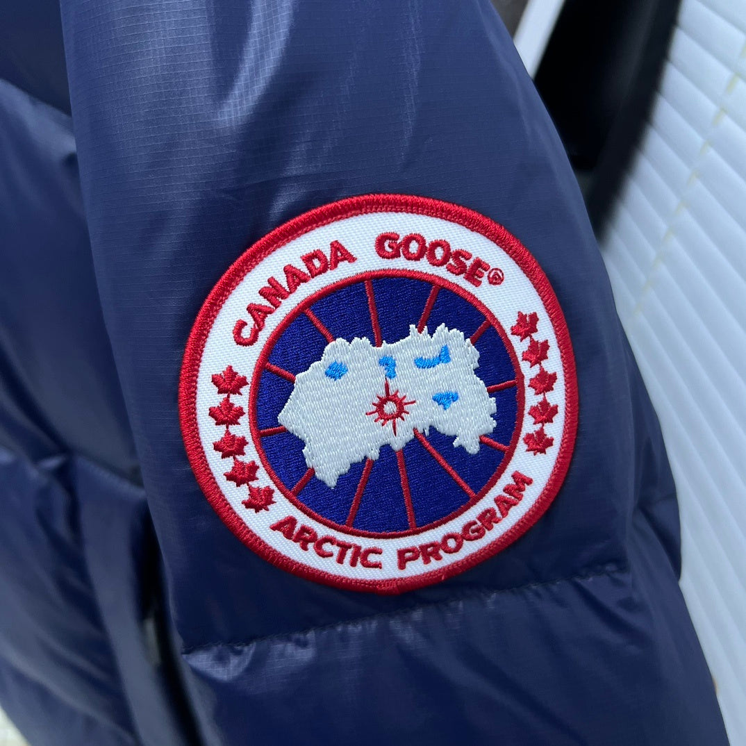 Canada Goose Navy Blue Hooded Quilted Puffer Jacket with Red Logo Badge