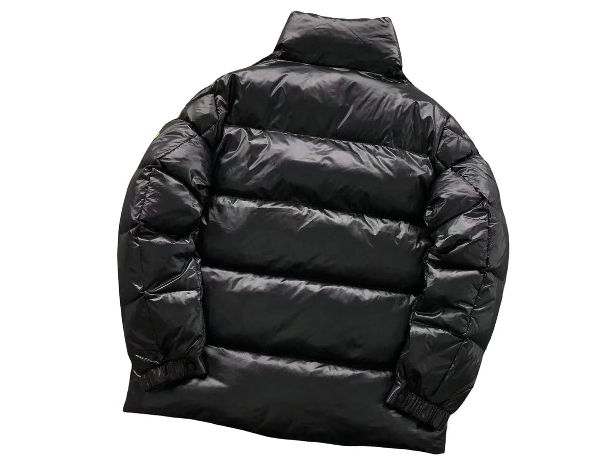 Moncler Black Glossy Stand-Collar Puffer Jacket with Olive Logo Badge