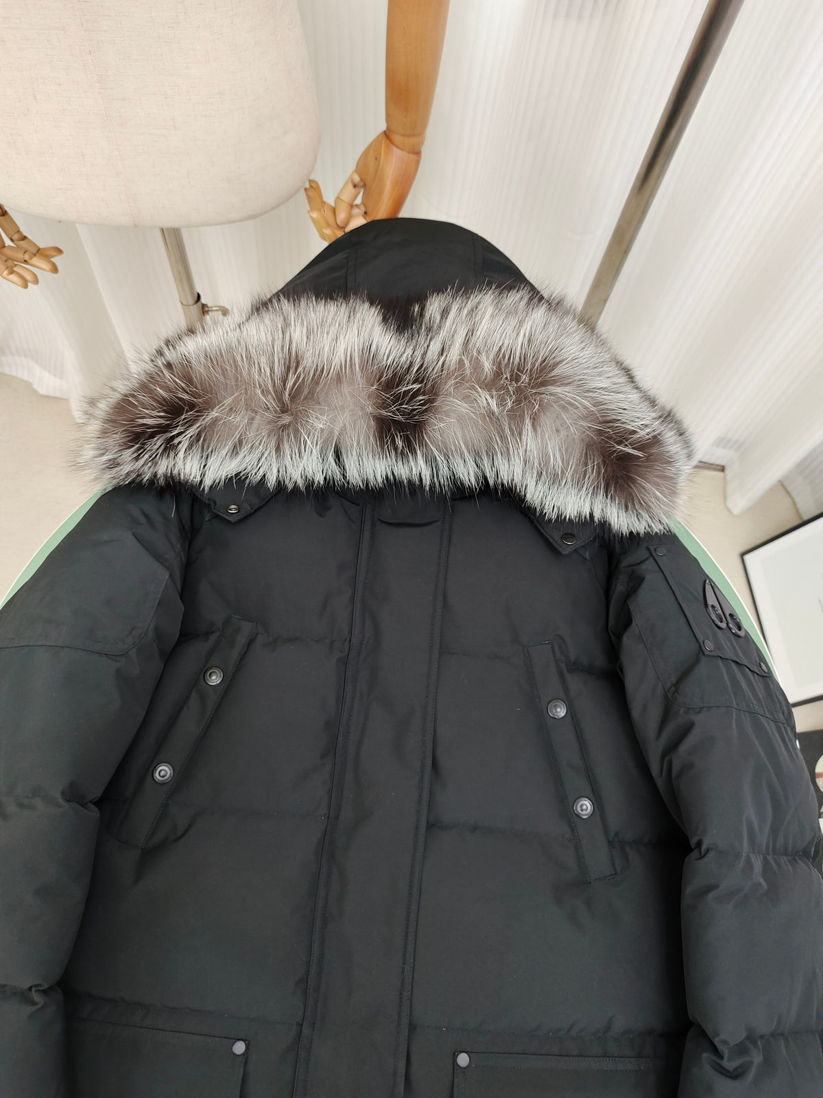 Moose Knuckles Charcoal Gray Long Quilted Parka with Plush Hood Trim
