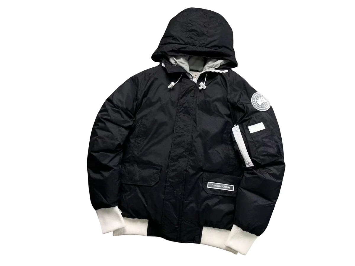 Canada Goose Black Hooded Bomber Jacket with White Contrast Trim