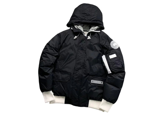 Canada Goose Black Hooded Bomber Jacket with White Contrast Trim