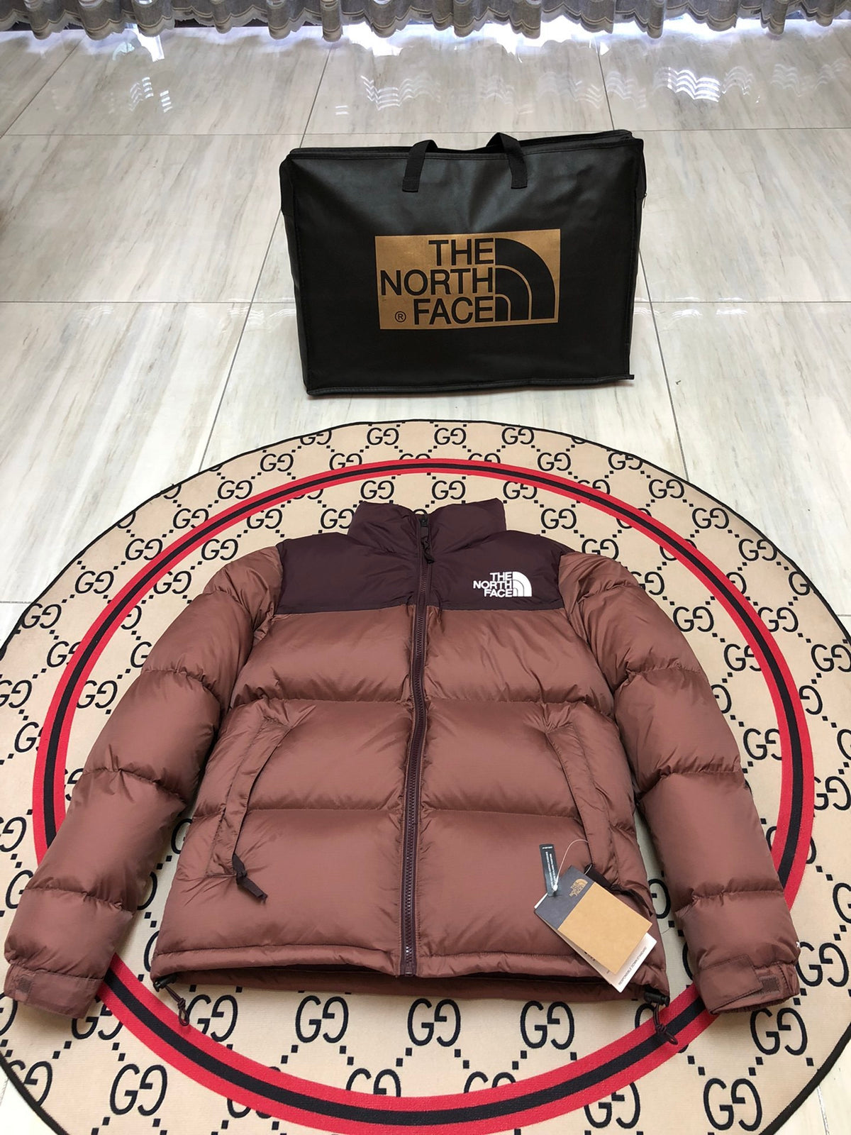 The North Face Dusty Rose and Burgundy Colorblock Stand-Collar Puffer Jacket