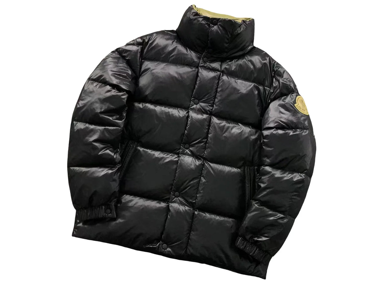 Moncler Black Glossy Stand-Collar Puffer Jacket with Olive Logo Badge