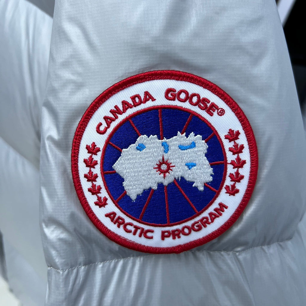 Canada Goose Silver Gray Hooded Quilted Puffer Jacket with Red Logo Badge