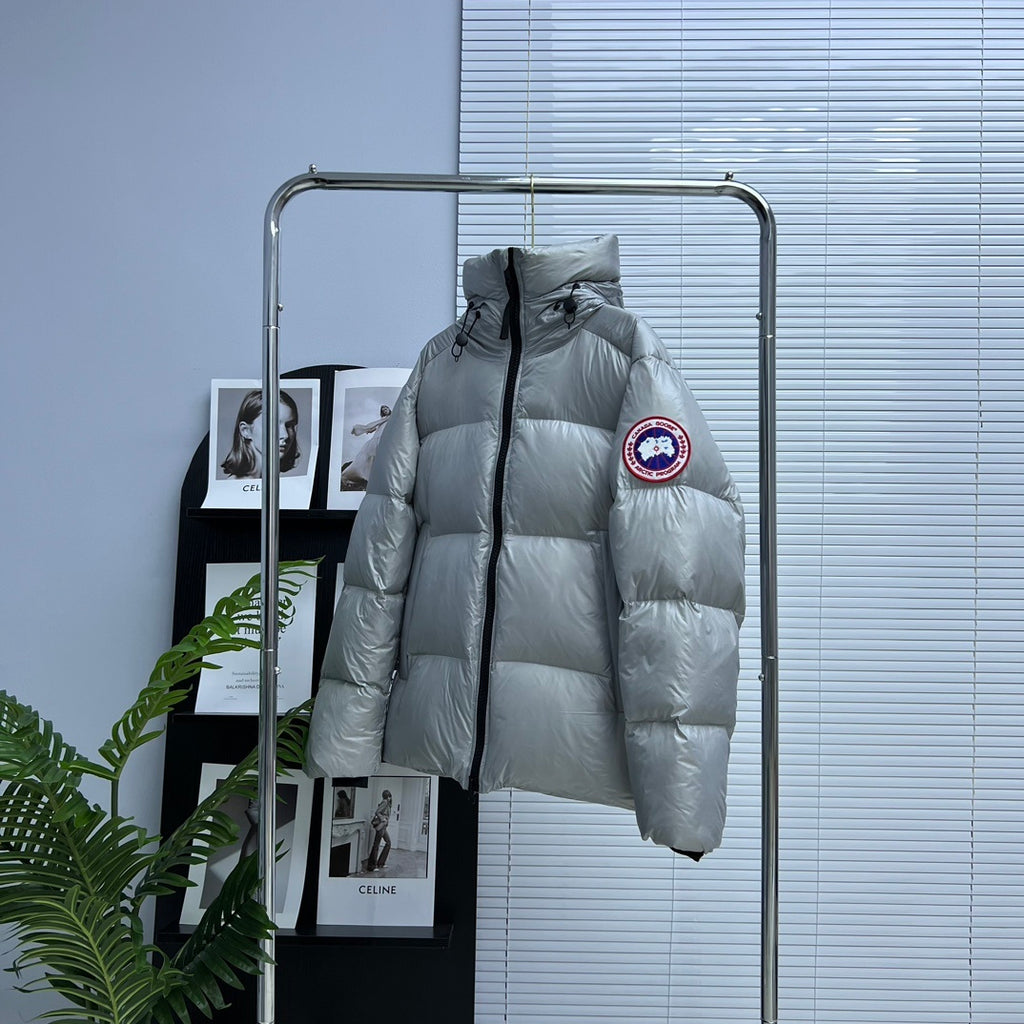 Canada Goose Silver Gray Hooded Quilted Puffer Jacket with Red Logo Badge